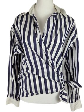 Vtg 90s Max Mara Italy Navy Striped Cotton Wrap Top Blouse Tie Front